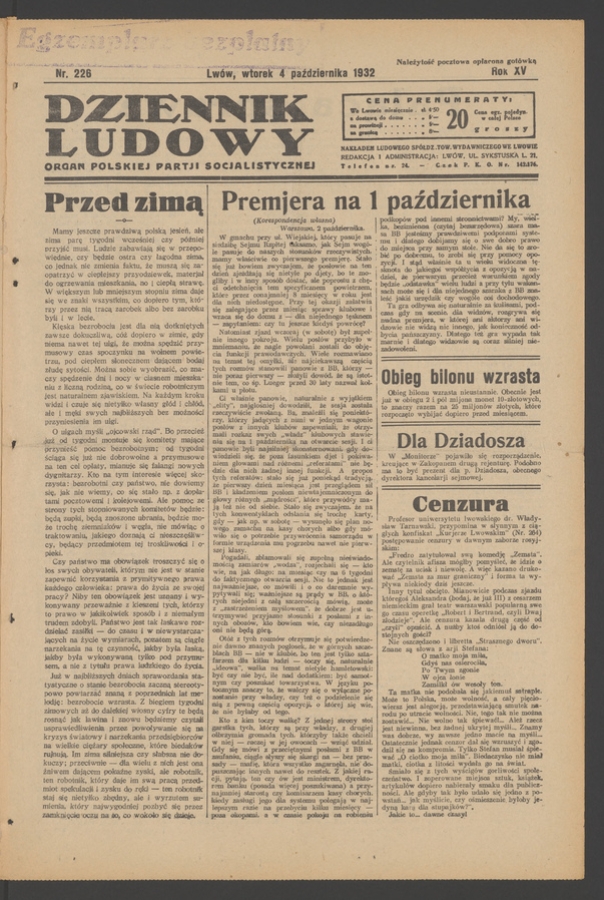 Dziennik Ludowy&nbsp;: organ Polskiej Partji Socjalistycznej. Rok&nbsp;15, 1932, numer&nbsp;226