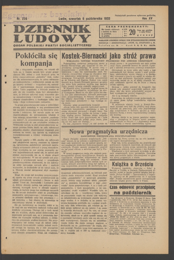 Dziennik Ludowy&nbsp;: organ Polskiej Partji Socjalistycznej. Rok&nbsp;15, 1932, numer&nbsp;228
