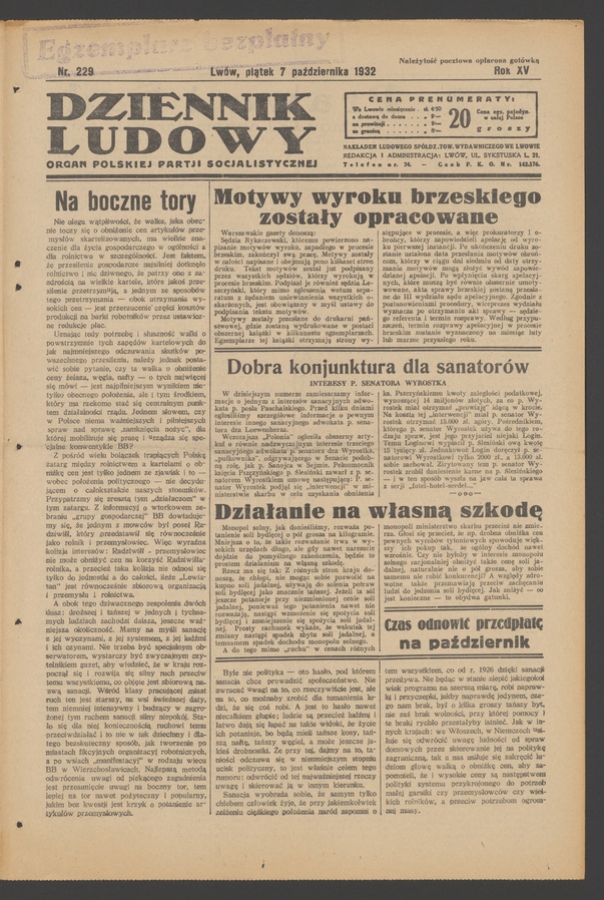 Dziennik Ludowy&nbsp;: organ Polskiej Partji Socjalistycznej. Rok&nbsp;15, 1932, numer&nbsp;229