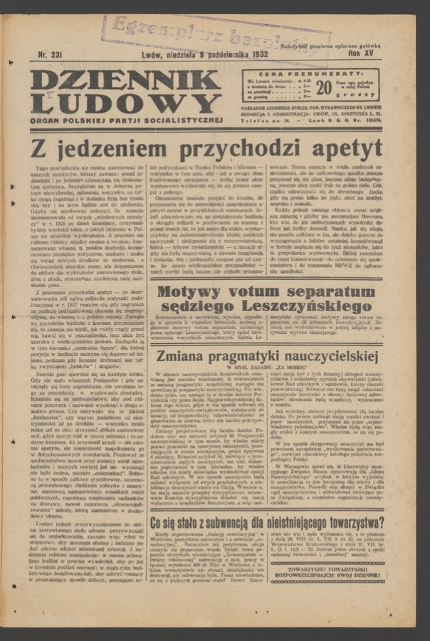 Dziennik Ludowy&nbsp;: organ Polskiej Partji Socjalistycznej. Rok&nbsp;15, 1932, numer&nbsp;231
