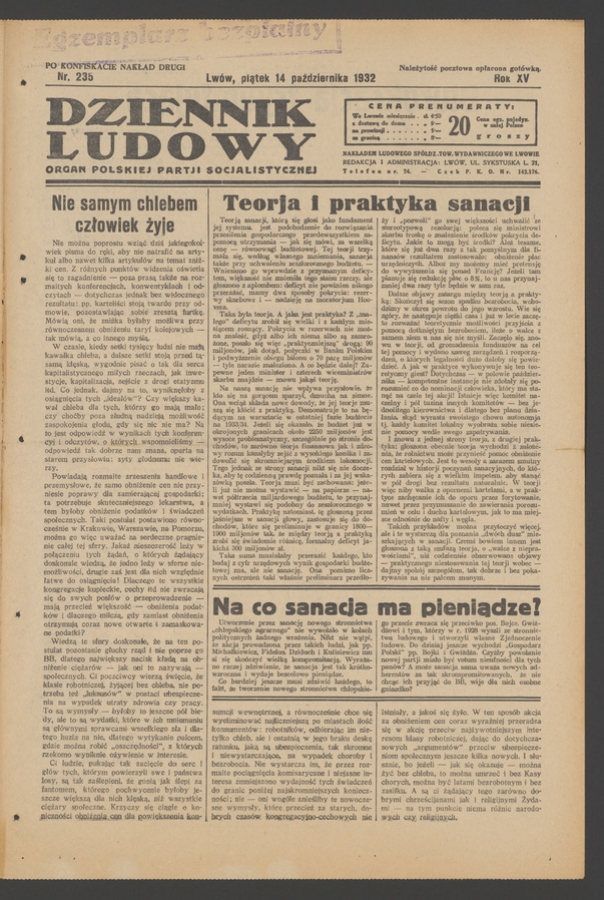 Dziennik Ludowy&nbsp;: organ Polskiej Partji Socjalistycznej. Rok&nbsp;15, 1932, numer&nbsp;235 (po&nbsp;konfiskacie nakład drugi)