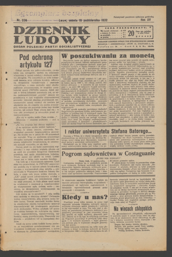 Dziennik Ludowy&nbsp;: organ Polskiej Partji Socjalistycznej. Rok&nbsp;15, 1932, numer&nbsp;236