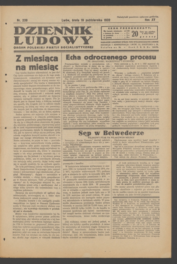Dziennik Ludowy&nbsp;: organ Polskiej Partji Socjalistycznej. Rok&nbsp;15, 1932, numer&nbsp;239