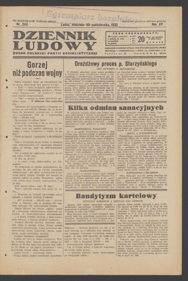 Dziennik Ludowy&nbsp;: organ Polskiej Partji Socjalistycznej. Rok&nbsp;15, 1932, numer&nbsp;243 (po&nbsp;konfiskacie nakład drugi)