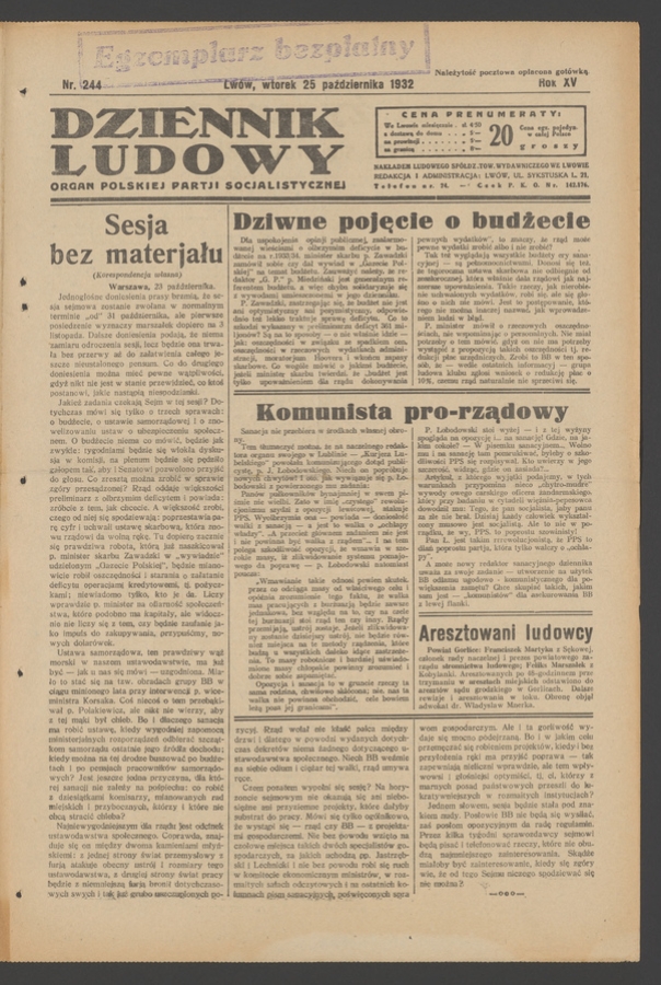 Dziennik Ludowy&nbsp;: organ Polskiej Partji Socjalistycznej. Rok&nbsp;15, 1932, numer&nbsp;244