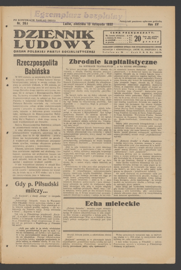 Dziennik Ludowy&nbsp;: organ Polskiej Partji Socjalistycznej. Rok&nbsp;15, 1932, numer&nbsp;260 (po&nbsp;konfiskacie nakład drugi)