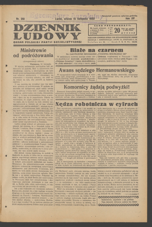 Dziennik Ludowy&nbsp;: organ Polskiej Partji Socjalistycznej. Rok&nbsp;15, 1932, numer&nbsp;261