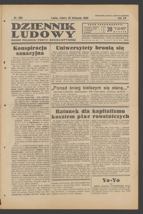 Dziennik Ludowy&nbsp;: organ Polskiej Partji Socjalistycznej. Rok&nbsp;15, 1932, numer&nbsp;265