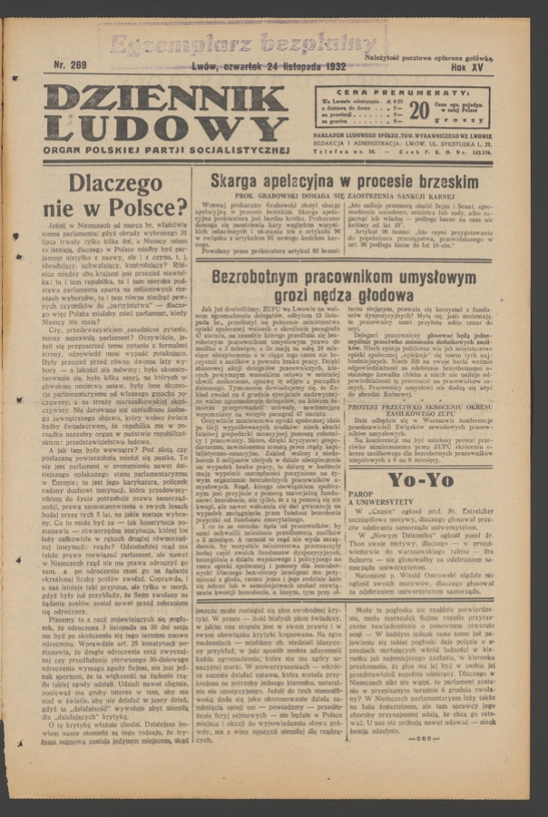 Dziennik Ludowy&nbsp;: organ Polskiej Partji Socjalistycznej. Rok&nbsp;15, 1932, numer&nbsp;269