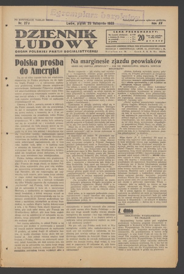 Dziennik Ludowy&nbsp;: organ Polskiej Partji Socjalistycznej. Rok&nbsp;15, 1932, numer&nbsp;270 (po&nbsp;konfiskacie nakład drugi)