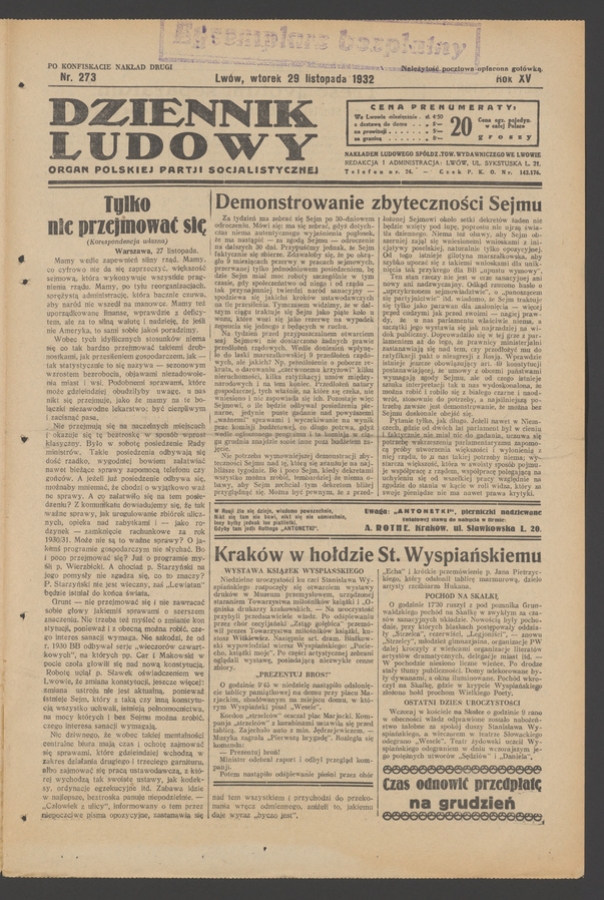 Dziennik Ludowy&nbsp;: organ Polskiej Partji Socjalistycznej. Rok&nbsp;15, 1932, numer&nbsp;273 (po&nbsp;konfiskacie nakład drugi)