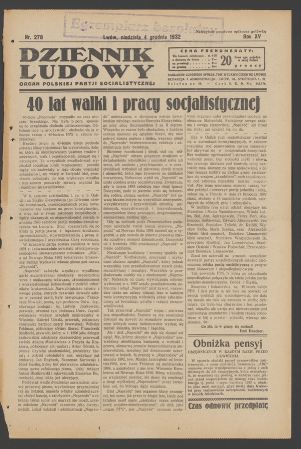 Dziennik Ludowy&nbsp;: organ Polskiej Partji Socjalistycznej. Rok&nbsp;15, 1932, numer&nbsp;278