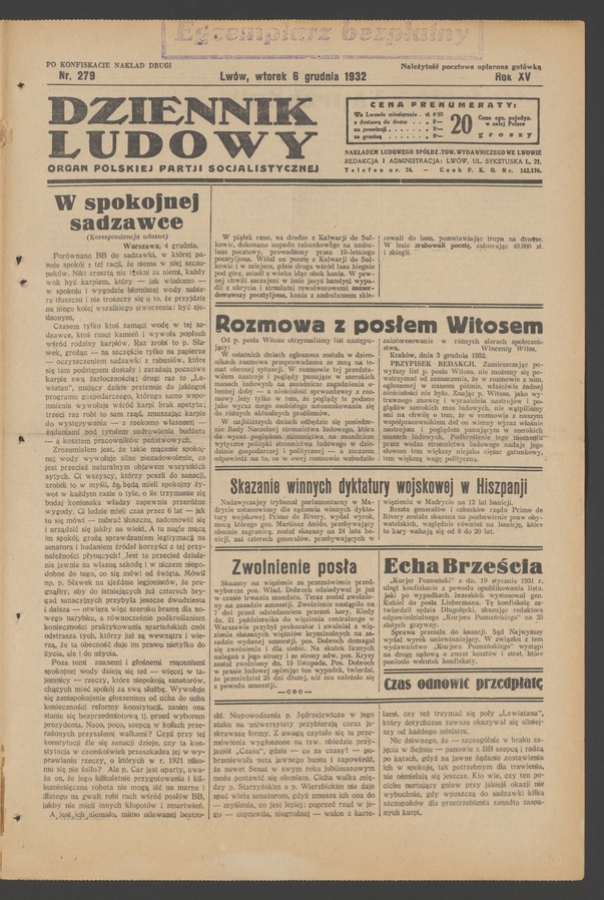 Dziennik Ludowy&nbsp;: organ Polskiej Partji Socjalistycznej. Rok&nbsp;15, 1932, numer&nbsp;279 (po&nbsp;konfiskacie nakład drugi)