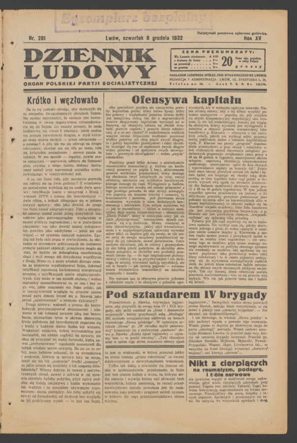 Dziennik Ludowy&nbsp;: organ Polskiej Partji Socjalistycznej. Rok&nbsp;15, 1932, numer&nbsp;281