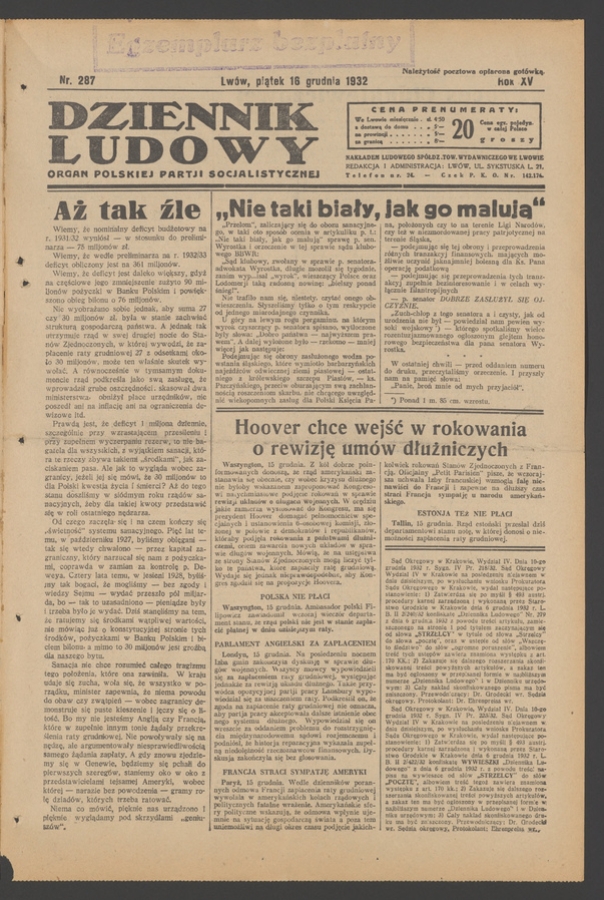 Dziennik Ludowy&nbsp;: organ Polskiej Partji Socjalistycznej. Rok&nbsp;15, 1932, numer&nbsp;287