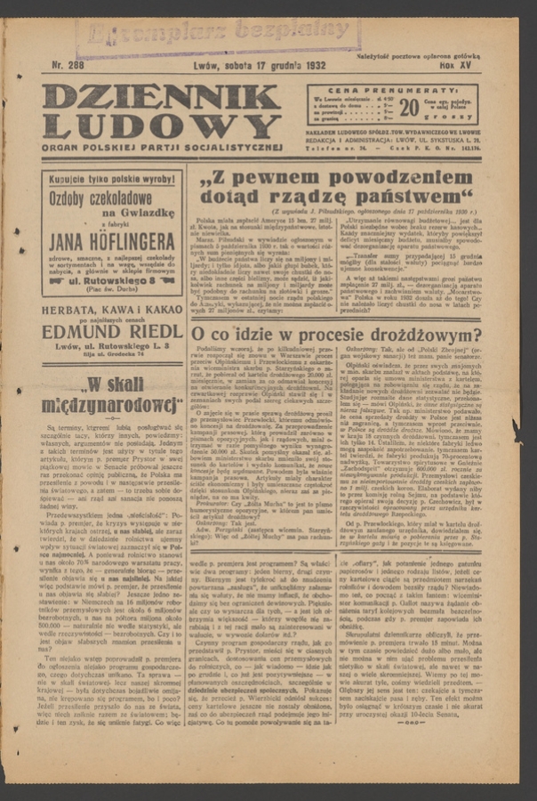 Dziennik Ludowy&nbsp;: organ Polskiej Partji Socjalistycznej. Rok&nbsp;15, 1932, numer&nbsp;288