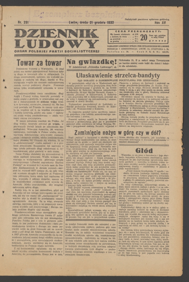 Dziennik Ludowy&nbsp;: organ Polskiej Partji Socjalistycznej. Rok&nbsp;15, 1932, numer&nbsp;291