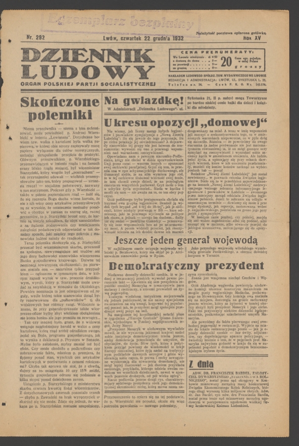 Dziennik Ludowy&nbsp;: organ Polskiej Partji Socjalistycznej. Rok&nbsp;15, 1932, numer&nbsp;292