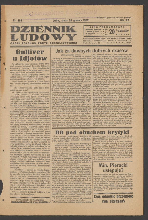 Dziennik Ludowy&nbsp;: organ Polskiej Partji Socjalistycznej. Rok&nbsp;15, 1932, numer&nbsp;295