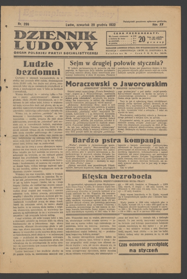 Dziennik Ludowy&nbsp;: organ Polskiej Partji Socjalistycznej. Rok&nbsp;15, 1932, numer&nbsp;296