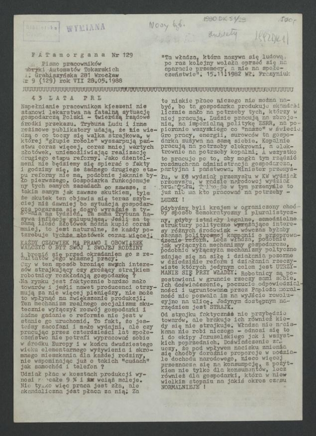 FATamorgana&nbsp;: pismo pracownik&oacute;w Fabryki Automat&oacute;w Tokarskich. 1988, numer&nbsp;9&nbsp;(129)