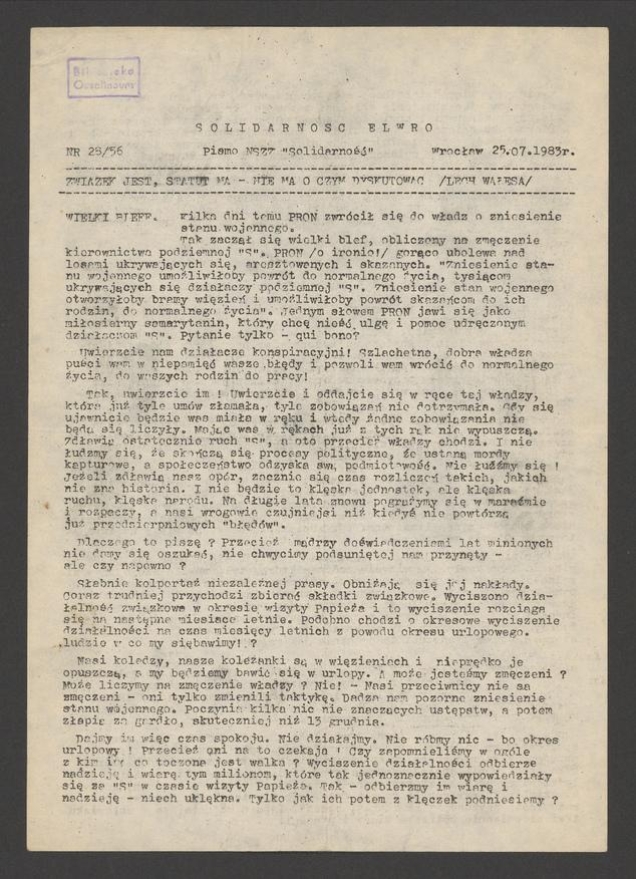 Solidarność Elwro : pismo NSZZ &bdquo;Solidarność&rdquo;. 1983, numer&nbsp;28&nbsp;(56)