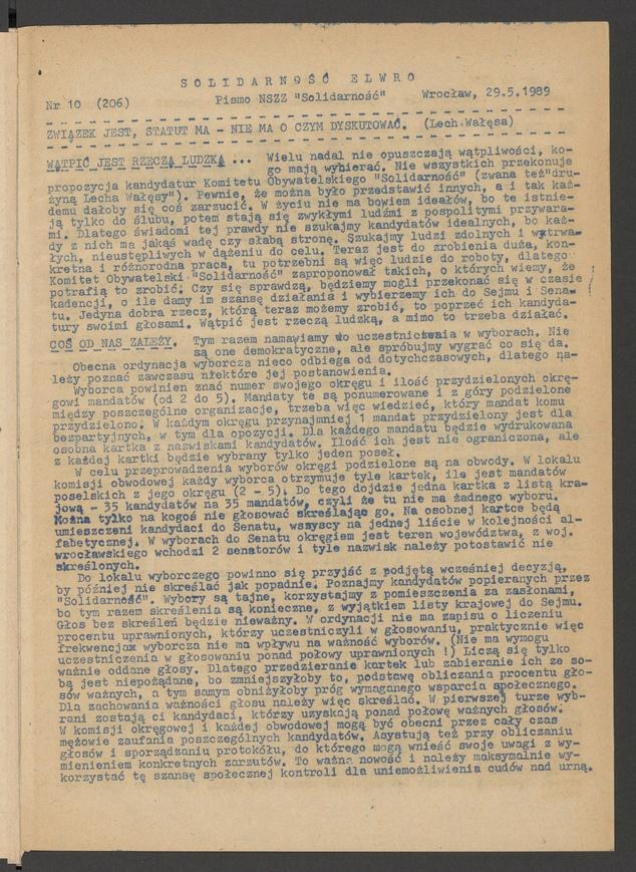 Solidarność Elwro : pismo NSZZ &bdquo;Solidarność&rdquo;. 1989, numer&nbsp;10&nbsp;(206)