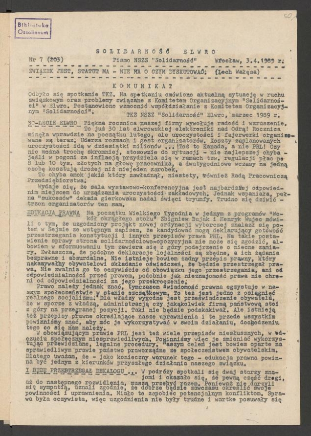 Solidarność Elwro : pismo NSZZ &bdquo;Solidarność&rdquo;. 1989, numer&nbsp;7&nbsp;(203)
