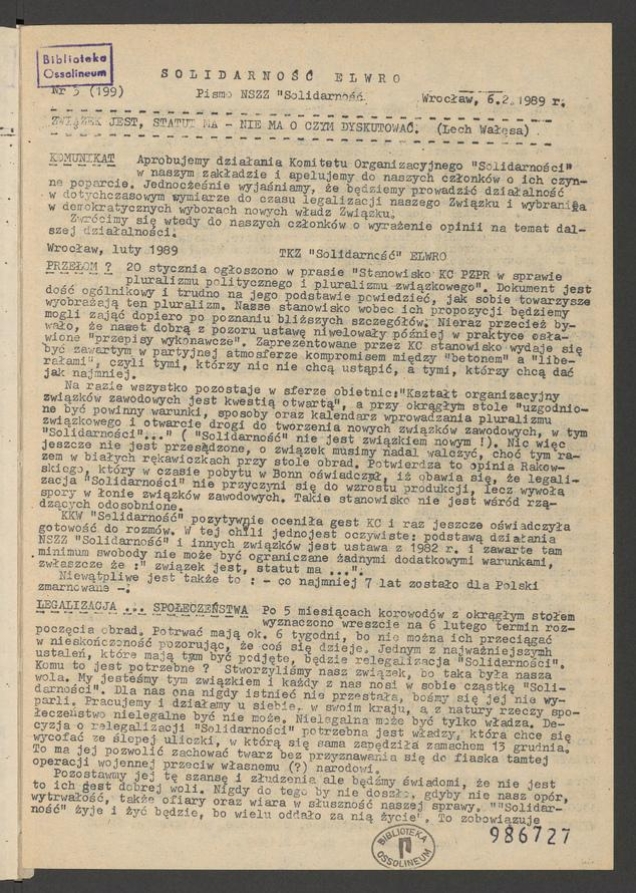 Solidarność Elwro : pismo NSZZ &bdquo;Solidarność&rdquo;. 1989, numer&nbsp;3&nbsp;(199)