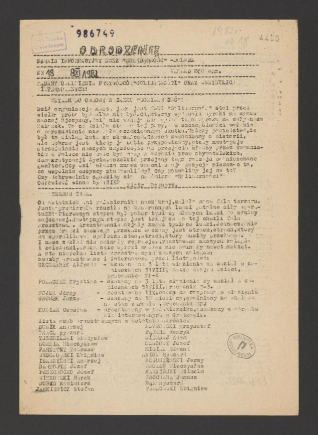 Odrodzenie&nbsp;: serwis informacyjny NSZZ &bdquo;Solidarność&rdquo; Dolmel. 1982, numer&nbsp;18