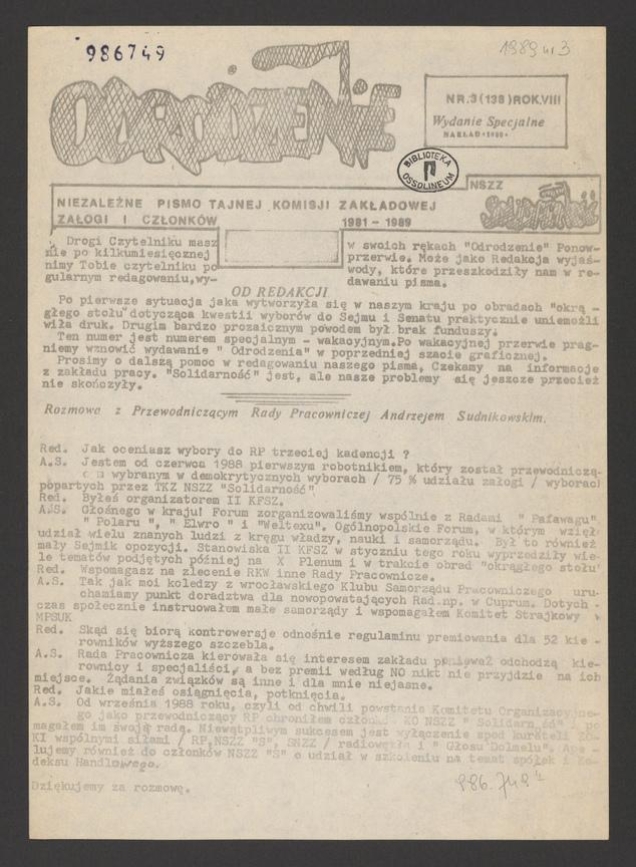 Odrodzenie&nbsp;: niezależne pismo Tajnej Komisji Zakładowej NSZZ Solidarność załogi i członk&oacute;w 1981-1989. Rok&nbsp;8, 1989, numer&nbsp;3&nbsp;(138&nbsp;wydanie specjalne)