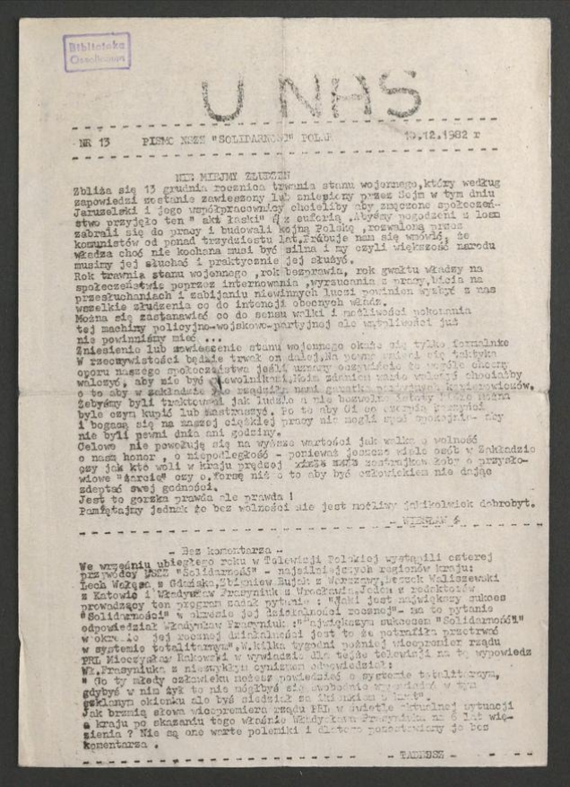 U Nas&nbsp;: pismo NSZZ &bdquo;Solidarność&rdquo; Polar.&nbsp;1982, numer&nbsp;13