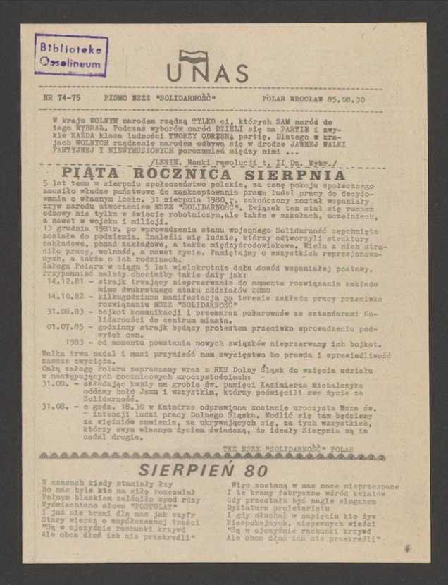 U Nas&nbsp;: pismo NSZZ &bdquo;Solidarność&rdquo; Polar.&nbsp;1985, numer&nbsp;74-75