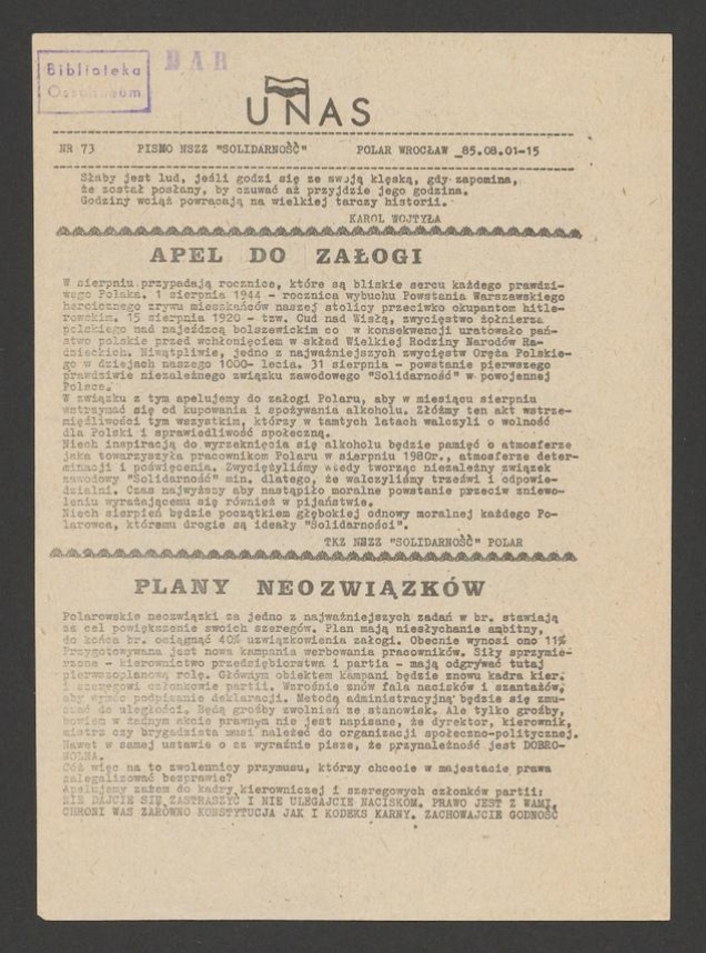 U Nas&nbsp;: pismo NSZZ &bdquo;Solidarność&rdquo; Polar.&nbsp;1985, numer&nbsp;73