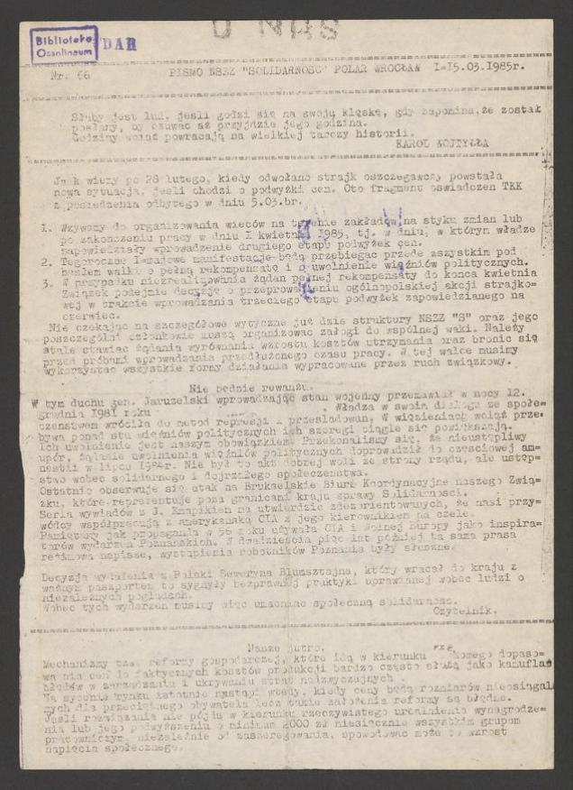 U Nas&nbsp;: pismo NSZZ &bdquo;Solidarność&rdquo; Polar.&nbsp;1985, numer&nbsp;66