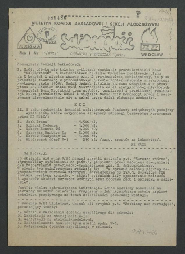 Biuletyn Komisji Zakładowej i Sekcji Młodzieżowej NSZZ &bdquo;Solidarność&rdquo; Fadroma. Rok 1, 1981, numer&nbsp;11