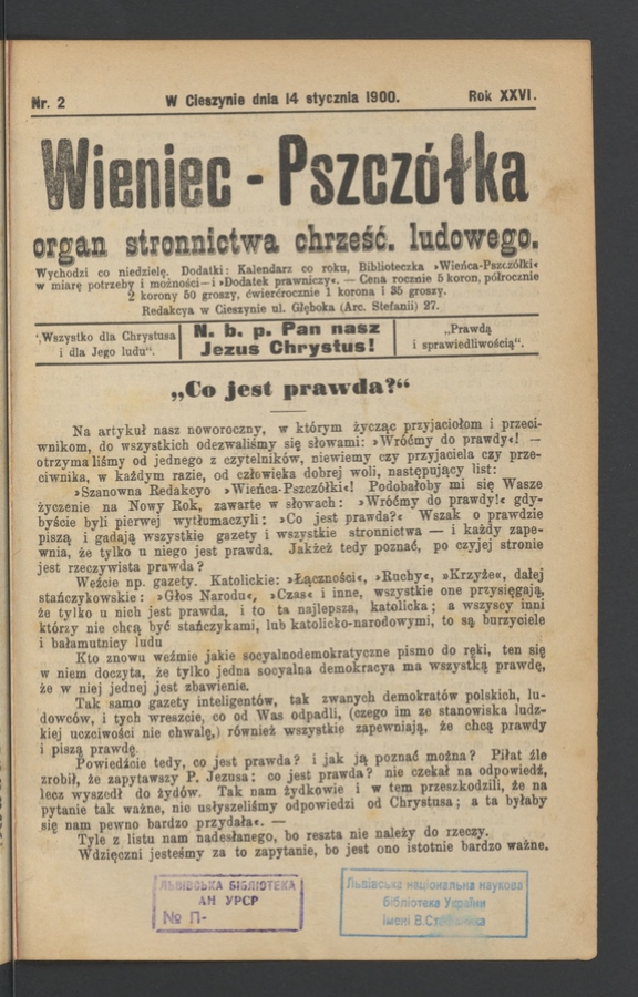 Wieniec-Pszcz&oacute;łka&nbsp;: organ Stronnictwa Chrześcijańsko-Ludowego. Rok&nbsp;26, 1900, numer&nbsp;2