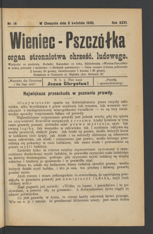 Wieniec-Pszcz&oacute;łka&nbsp;: organ Stronnictwa Chrześcijańsko-Ludowego. Rok&nbsp;26, 1900, numer&nbsp;14