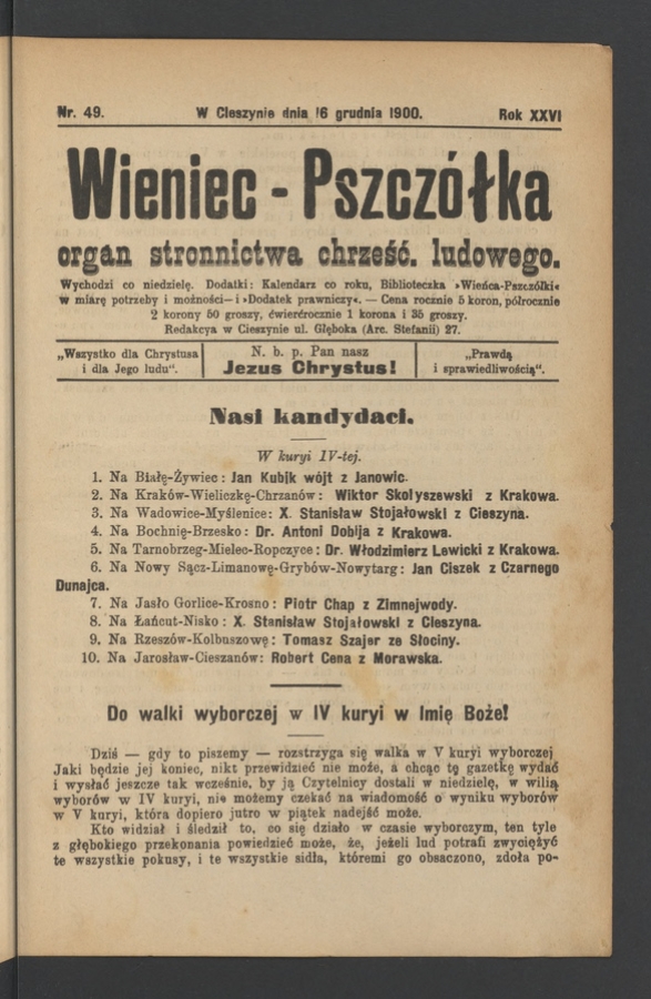 Wieniec-Pszcz&oacute;łka&nbsp;: organ Stronnictwa Chrześcijańsko-Ludowego. Rok&nbsp;26, 1900, numer&nbsp;49