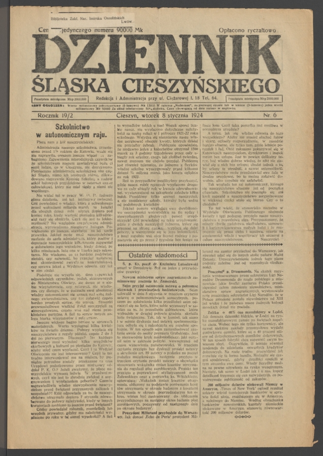 Dziennik Śląska Cieszyńskiego. Rocznik&nbsp;19/2, 1924, numer&nbsp;6