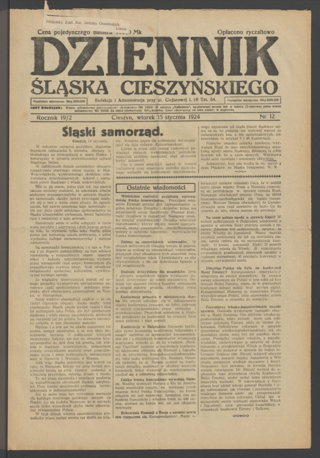 Dziennik Śląska Cieszyńskiego. Rocznik&nbsp;19/2, 1924, numer&nbsp;12