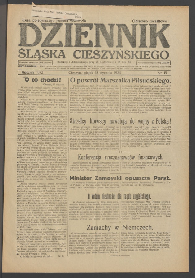 Dziennik Śląska Cieszyńskiego. Rocznik&nbsp;19/2, 1924, numer&nbsp;15