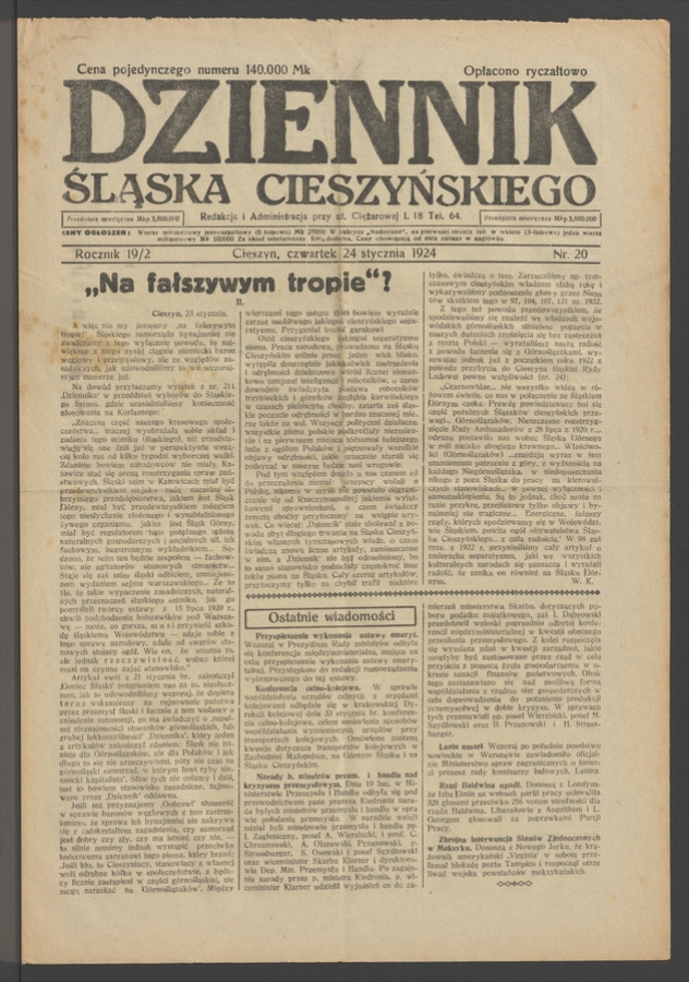 Dziennik Śląska Cieszyńskiego. Rocznik&nbsp;19/2, 1924, numer&nbsp;20