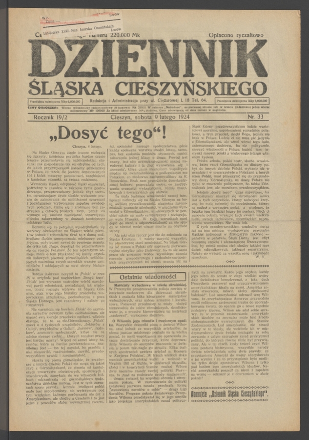 Dziennik Śląska Cieszyńskiego. Rocznik&nbsp;19/2, 1924, numer&nbsp;33