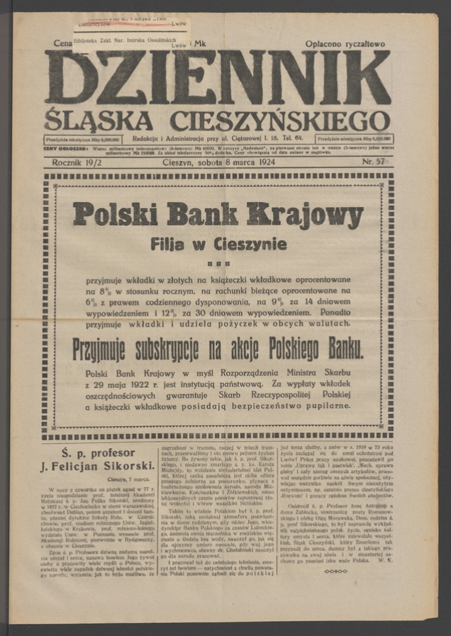 Dziennik Śląska Cieszyńskiego. Rocznik&nbsp;19/2, 1924, numer&nbsp;57