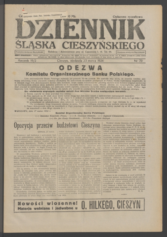 Dziennik Śląska Cieszyńskiego. Rocznik&nbsp;19/2, 1924, numer&nbsp;70