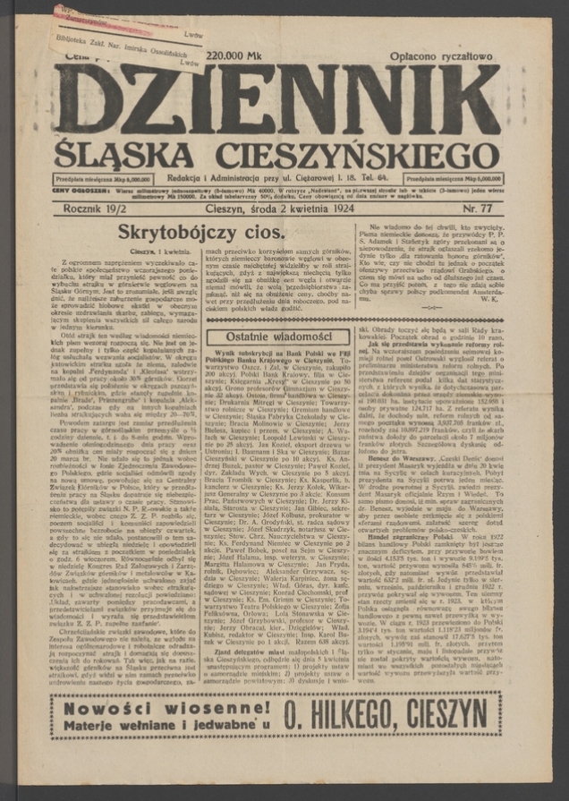 Dziennik Śląska Cieszyńskiego. Rocznik&nbsp;19/2, 1924, numer&nbsp;77