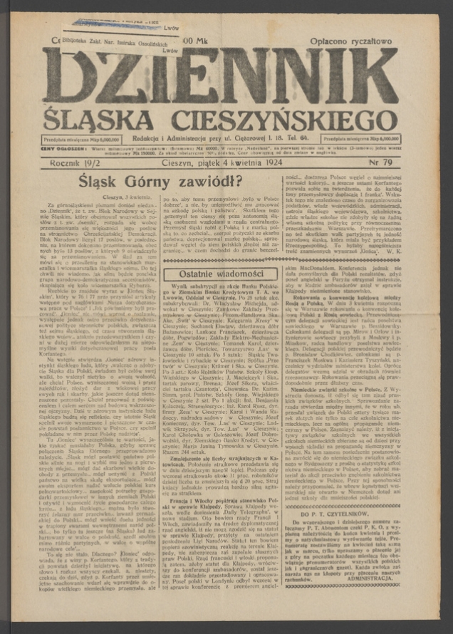 Dziennik Śląska Cieszyńskiego. Rocznik&nbsp;19/2, 1924, numer&nbsp;79