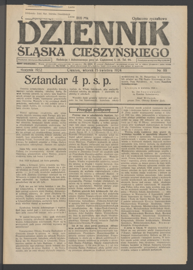 Dziennik Śląska Cieszyńskiego. Rocznik&nbsp;19/2, 1924, numer&nbsp;88