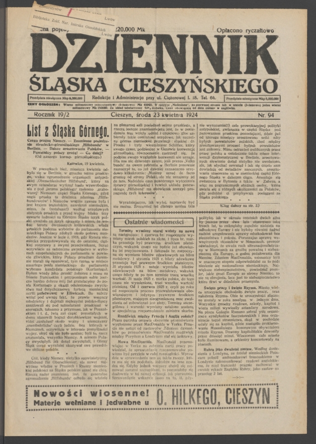 Dziennik Śląska Cieszyńskiego. Rocznik&nbsp;19/2, 1924, numer&nbsp;94